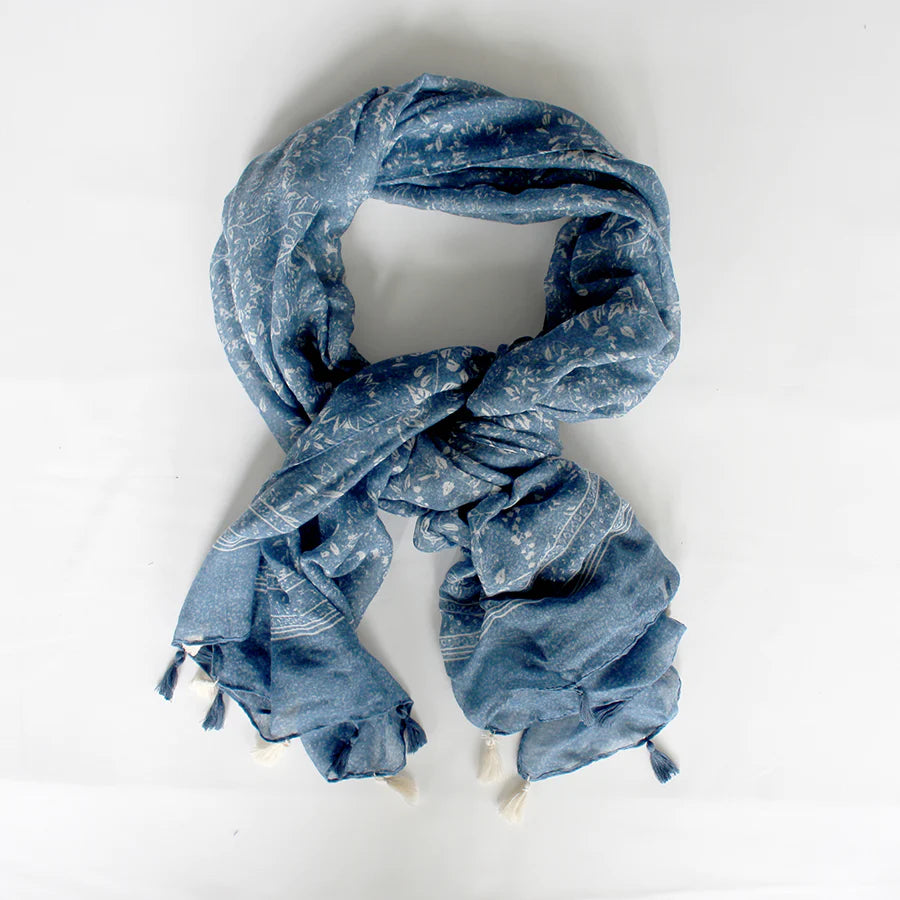 Blue Print Tassel Scarf